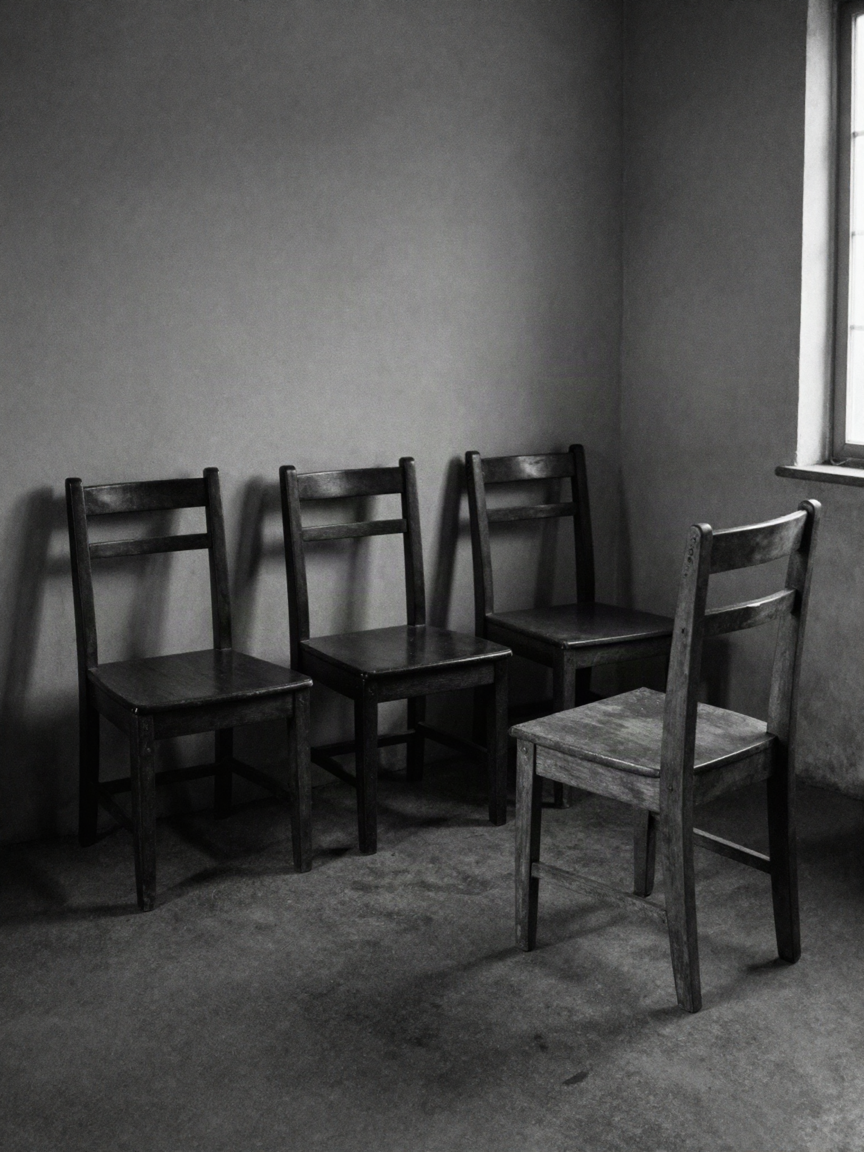 Four plain wooden chairs in a bare dim room, three together against the wall and one standing apart.