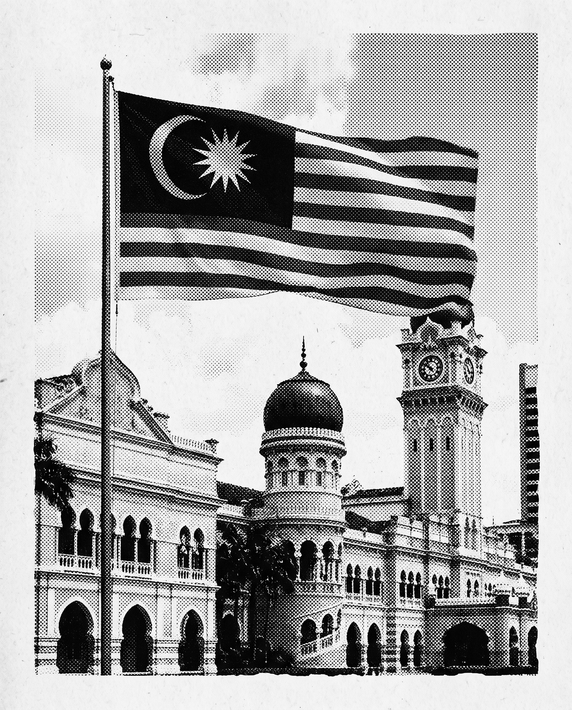 Halftone newsprint-style illustration of the Jalur Gemilang flying on a tall flagpole before a colonial-era courthouse with Moorish arches and a clock tower
