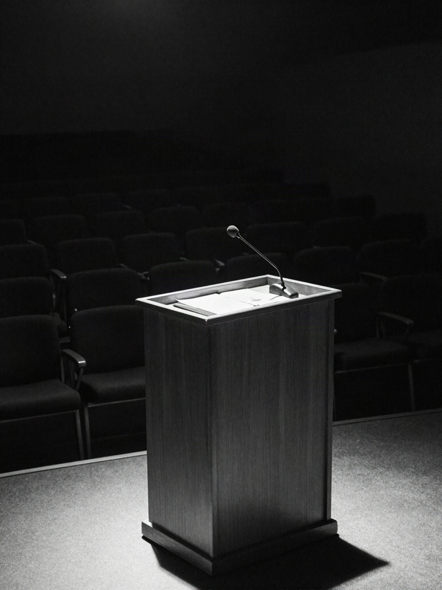 An empty wooden lectern with a single microphone under one spotlight in a dark conference hall, rows of empty chairs fading into darkness.