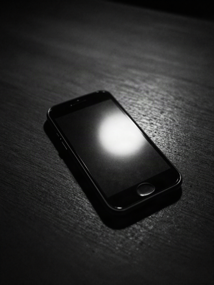 A smartphone on a dark wooden desk at night, its screen dark, a soft pool of light falling across it.